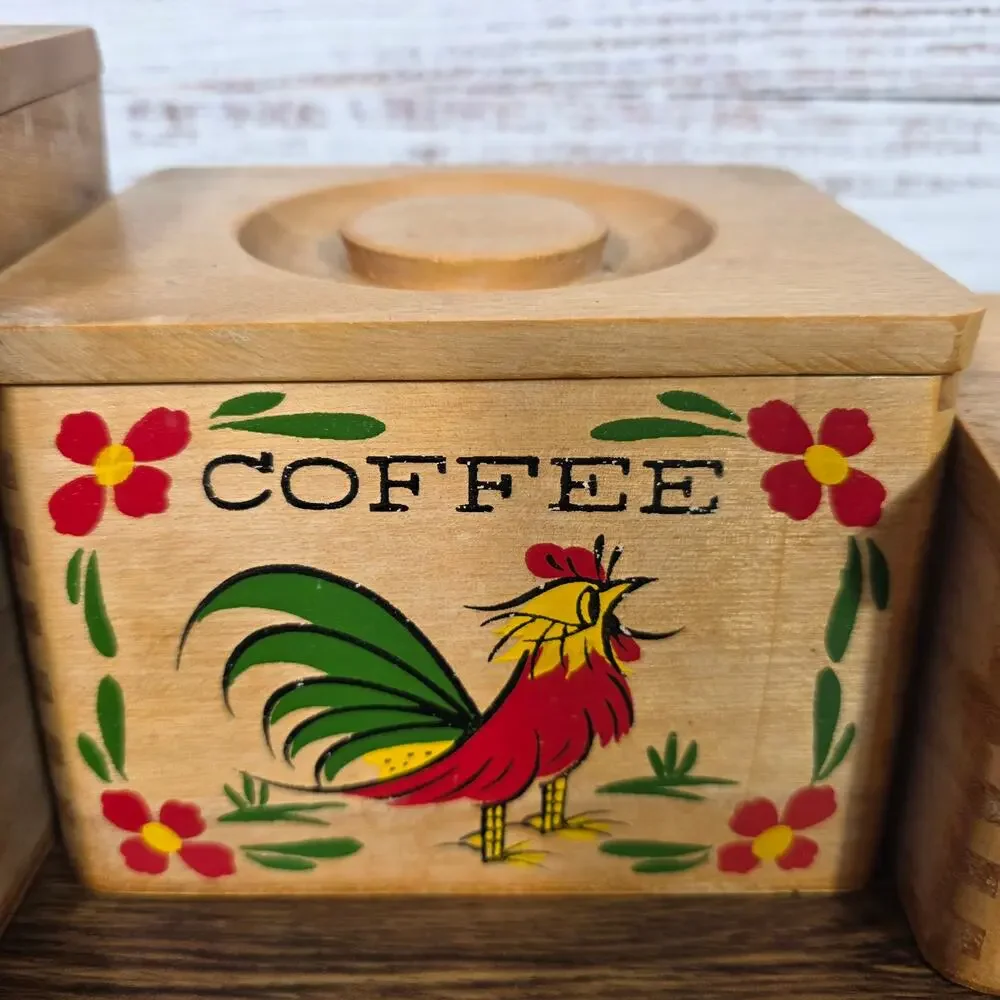 VTG Rooster Kitchen Canister Set Sugar Coffee Tea Country Farmhouse 3 pc